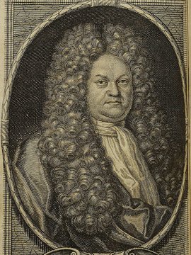 Porträt von Rivinus, Quintus Septimius Florens  (Die Gelehrte Fama, welche den gegenwärtigen Zustand der gelehrten Welt und sonderlich derer deutschen Universitäten entdecket., 1712, 20. T., ungez. Bl. am Anf. d. Stückes. [Zuschnitt auf Schmuckrahmen])