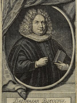 Porträt von Blecc, Balthasar  (Die Gelehrte Fama, welche den gegenwärtigen Zustand der gelehrten Welt und sonderlich derer deutschen Universitäten entdecket., 1713, 25. T., ungez. Bl. am Anf. d. Stückes. [Zuschnitt auf Schmuckrahmen])