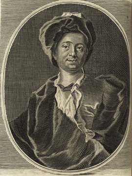 Porträt von Fontenelle, Bernard Le Bovier de  (Deutsche Acta Eruditorum., 1726, 112. T., ungez. Bl. vor S. 209. [Zuschnitt auf Schmuckrahmen])