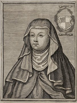 Porträt von Hrotsvita (Gandeshemensis)  (Neue Bibliothec oder Nachricht und Urtheile von neuen Büchern., 1711, 13. St., ungez. Bl. vor S. 187. [Zuschnitt auf Schmuckrahmen])