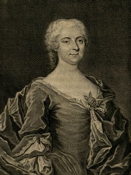 Porträt von Gottsched, Luise Adelgunde Victorie  (Zuverläßige Nachrichten von dem gegenwärtigen Zustande der Wissenschaften., 1741, 14. T., ungez. Bl. vor S. 79. [Zuschnitt auf Schmuckrahmen])