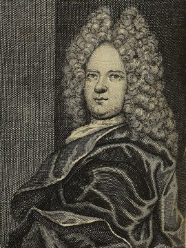 Porträt von Wernher, Johann Balthasar von  (Die Gelehrte Fama, welche den gegenwärtigen Zustand der gelehrten Welt und sonderlich derer deutschen Universitäten entdecket., 1716, 47. T., ungez. Bl. am Anf. d. Stückes. [Zuschnitt auf Schmuckrahmen])