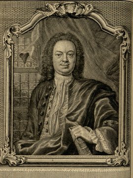 Porträt von Hanov, Michael Christoph  (Zuverläßige Nachrichten von dem gegenwärtigen Zustande der Wissenschaften., 1753, 162. T., ungez. Bl. vor S. 396. [Zuschnitt auf Schmuckrahmen])