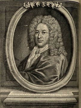 Porträt von Hooghe, Romeyn de  (Zuverläßige Nachrichten von dem gegenwärtigen Zustande der Wissenschaften., 1749, 117. T., ungez. Bl. vor S. 630. [Zuschnitt auf Schmuckrahmen])