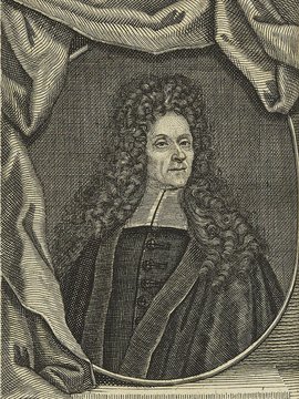 Porträt von Rechenberg, Adam  (Die Gelehrte Fama, welche den gegenwärtigen Zustand der gelehrten Welt und sonderlich derer deutschen Universitäten entdecket., 1711, 5. T., ungez. Bl. am Anf. d. Stückes. [Zuschnitt auf Schmuckrahmen])