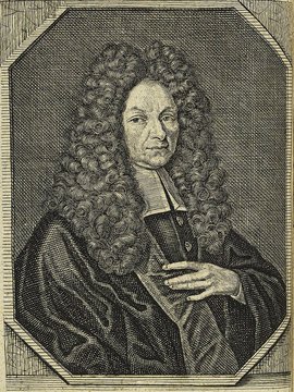 Porträt von Schmid, Johann  (Die Gelehrte Fama, welche den gegenwärtigen Zustand der gelehrten Welt und sonderlich derer deutschen Universitäten entdecket., 1711, 3. T., ungez. Bl. am Anf. d. Stückes. [Zuschnitt auf Schmuckrahmen])