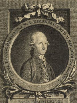 Porträt von Riedesel, Johann Hermann  (Allgemeine deutsche Bibliothek., 1783, 56. Bd., 1. St., ungez. Bl. am Anf. d. Bandes. [Zuschnitt auf Schmuckrahmen])