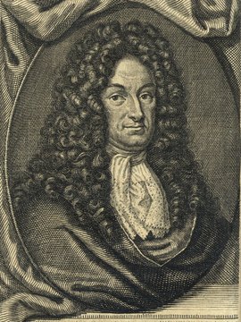 Porträt von Leibniz, Gottfried Wilhelm  (Neuer Bücher-Saal der gelehrten Welt., 1710, 1. Oeffn., ungez. Bl. am Anf. d. Bandes. [Zuschnitt auf Schmuckrahmen])