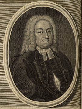 Porträt von Weismann, Christian Eberhard  (Zuverläßige Nachrichten von dem gegenwärtigen Zustande der Wissenschaften., 1744, 59. T., ungez. Bl. vor S. 759. [Zuschnitt auf Schmuckrahmen])