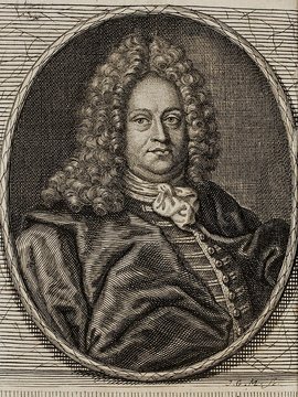 Porträt von Schurzfleisch, Heinrich Leonhard  (Neue Bibliothec oder Nachricht und Urtheile von neuen Büchern., 1712, 20. St., ungez. Bl. vor S. 833. [Zuschnitt auf Schmuckrahmen])