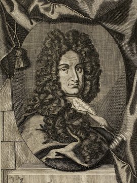 Porträt von Leibniz, Gottfried Wilhelm  (Neue Bibliothec oder Nachricht und Urtheile von neuen Büchern., 1718, 66. St., ungez. Bl. vor S. 1. [Zuschnitt auf Schmuckrahmen])