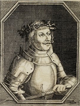 Porträt von Hutten, Ulrich von  (Neue Bibliothec oder Nachricht und Urtheile von neuen Büchern., 1713, 29. St., ungez. Bl. vor S. 739. [Zuschnitt auf Schmuckrahmen])