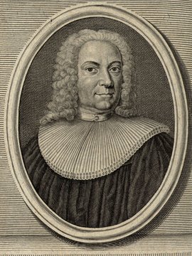 Porträt von Urlsperger, Samuel  (Zuverläßige Nachrichten von dem gegenwärtigen Zustande der Wissenschaften., 1748, 105. T., ungez. Bl. vor S. 656. [Zuschnitt auf Schmuckrahmen])