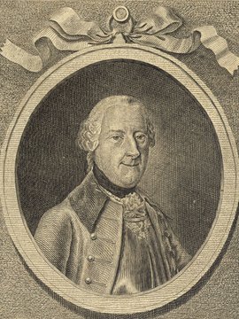 Porträt von Borcke, Adrian Heinrich von  (Allgemeine deutsche Bibliothek., 1781, 48. Bd., 1. St., ungez. Bl. am Anf. d. Bandes. [Zuschnitt auf Schmuckrahmen])