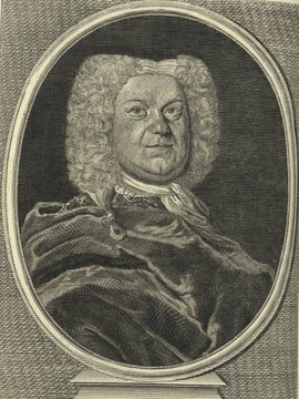 Porträt von Feuerlein, Jakob Wilhelm  (Fränckische Acta Erudita et Curiosa., 1729, 17. Slg., ungez. Bl. vor S. 359. [Zuschnitt auf Schmuckrahmen])