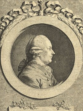 Porträt von Büsch, Johann Georg  (Allgemeine deutsche Bibliothek., 1784, 57. Bd., 1. St., ungez. Bl. am Anf. d. Bandes. [Zuschnitt auf Schmuckrahmen])