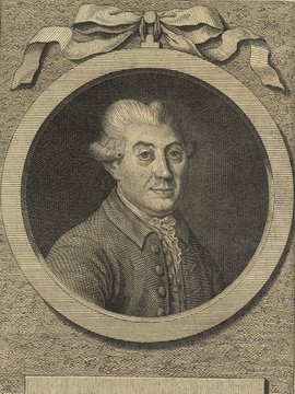 Porträt von Niebuhr, Carsten  (Allgemeine deutsche Bibliothek., 1781, 45. Bd., 1. St., ungez. Bl. am Anf. d. Bandes. [Zuschnitt auf Schmuckrahmen])