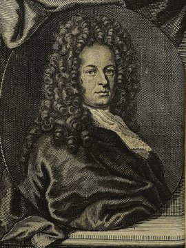 Porträt von Sturm, Leonhard Christoph  (Die Gelehrte Fama, welche den gegenwärtigen Zustand der gelehrten Welt und sonderlich derer deutschen Universitäten entdecket., 1715, 39. T., ungez. Bl. am Anf. d. Stückes. [Zuschnitt auf Schmuckrahmen])