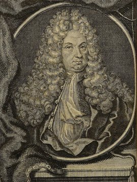 Porträt von Cocceji, Heinrich von  (Die Gelehrte Fama, welche den gegenwärtigen Zustand der gelehrten Welt und sonderlich derer deutschen Universitäten entdecket., 1714, 29. T., ungez. Bl. am Anf. d. Stückes. [Zuschnitt auf Schmuckrahmen])