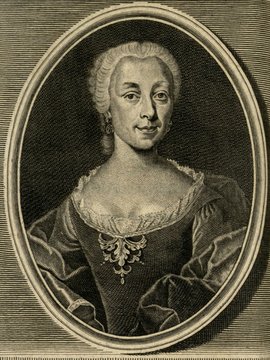 Porträt von Rieger, Magdalena Sibylla  (Zuverläßige Nachrichten von dem gegenwärtigen Zustande der Wissenschaften., 1746, 76. T., ungez. Bl. vor S. 238. [Zuschnitt auf Schmuckrahmen])
