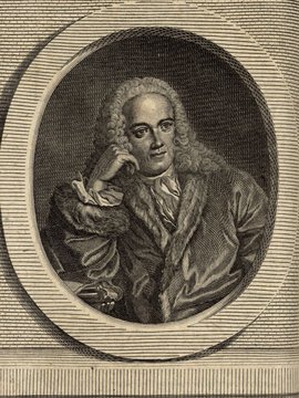 Porträt von Quesnay, François  (Zuverläßige Nachrichten von dem gegenwärtigen Zustande der Wissenschaften., 1748, 100. T., ungez. Bl. vor S. 238. [Zuschnitt auf Schmuckrahmen])