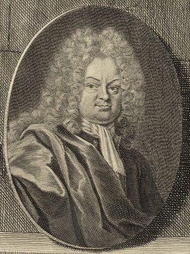 Porträt von Gundling, Nicolaus Hieronymus  (Deutsche Acta Eruditorum., 1719, 63. T., ungez. Bl. vor S. 153. [Zuschnitt auf Schmuckrahmen])