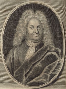 Porträt von La Croze, Maturin Veyssière  (Deutsche Acta Eruditorum., 1722, 79. T., ungez. Bl. vor S. 455. [Zuschnitt auf Schmuckrahmen])