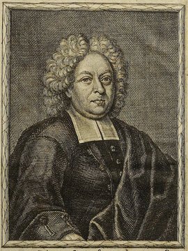 Porträt von Foertsch, Michael  (Die Gelehrte Fama, welche den gegenwärtigen Zustand der gelehrten Welt und sonderlich derer deutschen Universitäten entdecket., 1712, 13. T., ungez. Bl. am Anf. d. Stückes. [Zuschnitt auf Schmuckrahmen])