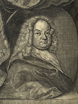 Porträt von Gundling, Nicolaus Hieronymus  (Neue Bibliothec oder Nachricht und Urtheile von neuen Büchern., 1710, 8. St., S. 639. [Zuschnitt auf Schmuckrahmen])