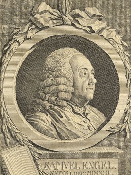 Porträt von Engel, Samuel  (Allgemeine deutsche Bibliothek., 1781, 46. Bd., 1. St., ungez. Bl. am Anf. d. Bandes. [Zuschnitt auf Schmuckrahmen])