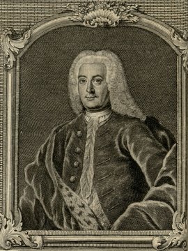 Porträt von Engau, Johann Rudolph  (Zuverläßige Nachrichten von dem gegenwärtigen Zustande der Wissenschaften., 1755, 182. T., ungez. Bl. vor S. 84. [Zuschnitt auf Schmuckrahmen])