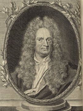 Porträt von Newton, Isaac  (Deutsche Acta Eruditorum., 1715, 38. T., ungez. Bl. vor S. 77. [Zuschnitt auf Schmuckrahmen])