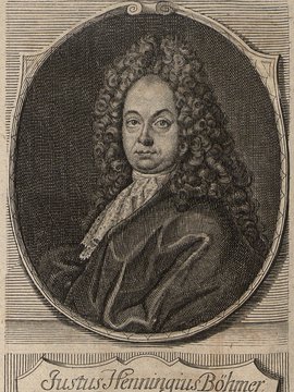 Porträt von Böhmer, Justus Henning  (Neue Bibliothec oder Nachricht und Urtheile von neuen Büchern., 1715, 46. St., ungez. Bl. vor S. 453. [Zuschnitt auf Schmuckrahmen])