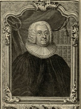 Porträt von Wolle, Christoph  (Zuverläßige Nachrichten von dem gegenwärtigen Zustande der Wissenschaften., 1750, 122. T., ungez. Bl. vor S. 84. [Zuschnitt auf Schmuckrahmen])