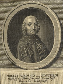 Porträt von Hontheim, Johann Nikolaus von  (Allgemeine deutsche Bibliothek., 1775, 27. Bd., 1. St., ungez. Bl. am Anf. d. Bandes. [Zuschnitt auf Schmuckrahmen])