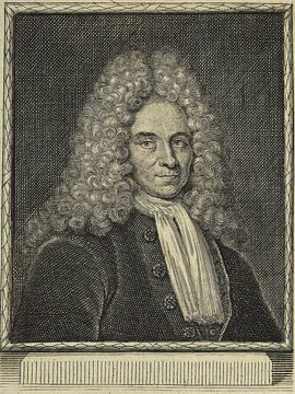 Porträt von Mencke, Lüder  (Die Gelehrte Fama, welche den gegenwärtigen Zustand der gelehrten Welt und sonderlich derer deutschen Universitäten entdecket., 1711, 7. T., ungez. Bl. am Anf. d. Stückes. [Zuschnitt auf Schmuckrahmen])