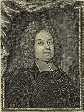 Porträt von Olearius, Gottfried  (Die Gelehrte Fama, welche den gegenwärtigen Zustand der gelehrten Welt und sonderlich derer deutschen Universitäten entdecket., 1711, 6. T., ungez. Bl. am Anf. d. Stückes. [Zuschnitt auf Schmuckrahmen])