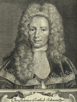 Porträt von Schwarz, Christian Gottlieb  (Fränckische Acta Erudita et Curiosa., 1728, 11. Slg., ungez. Bl. vor S. 795 [Zuschnitt auf Schmuckrahmen])