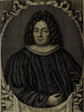 Porträt von Schumann, Johann Michael  (Neue Bibliothec oder Nachricht und Urtheile von neuen Büchern., 1717, 57. St., ungez. Bl. vor S. 511. [Zuschnitt auf Schmuckrahmen])