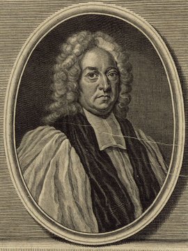 Porträt von Gibson, Edmund  (Zuverläßige Nachrichten von dem gegenwärtigen Zustande der Wissenschaften., 1744, 49. T., ungez. Bl. am Anf. d. Bandes. [Zuschnitt auf Schmuckrahmen])