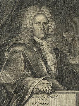 Porträt von Hildebrand, Heinrich  (Fränckische Acta Erudita et Curiosa., 1726, 1. Slg., ungez. Bl. am Anf. d. Bandes. [Zuschnitt auf Schmuckrahmen])