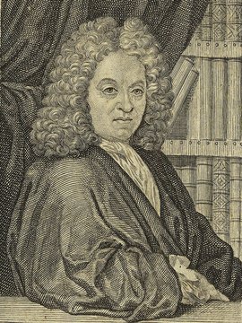 Porträt von Le Clerc, Jean  (Die Gelehrte Fama, welche den gegenwärtigen Zustand der gelehrten Welt und sonderlich derer deutschen Universitäten entdecket., 1711, 1. T., ungez. Bl. am Anf. d. Stückes. [Zuschnitt auf Schmuckrahmen])