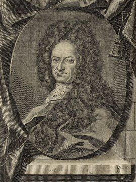 Porträt von Leibniz, Gottfried Wilhelm  (Deutsche Acta Eruditorum., 1717, 51. T., ungez. Bl. vor S. 153. [Zuschnitt auf Schmuckrahmen])