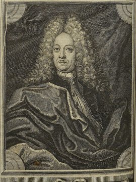 Porträt von Mylius, Johann Heinrich  (Die Gelehrte Fama, welche den gegenwärtigen Zustand der gelehrten Welt und sonderlich derer deutschen Universitäten entdecket., 1717, 56. T., ungez. Bl. am Anf. d. Stückes. [Zuschnitt auf Schmuckrahmen])