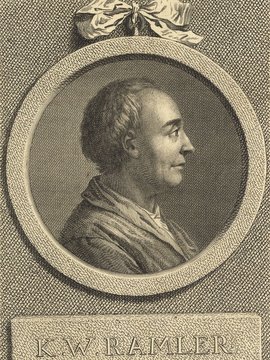 Porträt von Ramler, Karl Wilhelm  (Neue Bibliothek der schönen Wissenschaften., 1771, 12. Bd., 1. St., ungez. Bl. am Anf. d. Bandes. [Zuschnitt auf Schmuckrahmen])