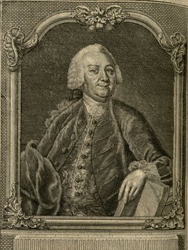 Porträt von Topp, Johann Konrad Sigismund  (Zuverläßige Nachrichten von dem gegenwärtigen Zustande der Wissenschaften., 1756, 200. T., ungez. Bl. vor S. 550. [Zuschnitt auf Schmuckrahmen])