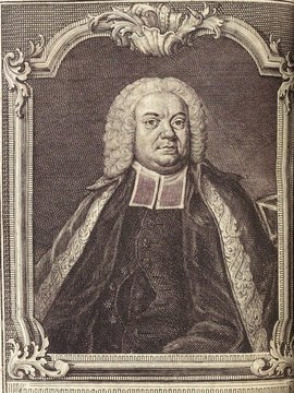 Porträt von Feuerlein, Jakob Wilhelm  (Zuverläßige Nachrichten von dem gegenwärtigen Zustande der Wissenschaften., 1751, 135. T., ungez. Bl. vor S. 155. [Zuschnitt auf Schmuckrahmen])