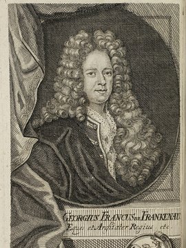 Porträt von Franck von Franckenau, Georg  (Neue Bibliothec oder Nachricht und Urtheile von neuen Büchern., 1712, 22. St., ungez. Bl. vor S. 95. [Zuschnitt auf Schmuckrahmen])