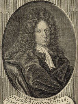 Porträt von Titius, Gottlieb Gerhard  (Deutsche Acta Eruditorum., 1713, 20. T., ungez. Bl. vor S. 645. [Zuschnitt auf Schmuckrahmen])