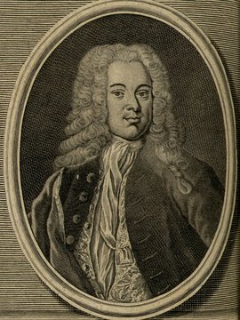 Porträt von Balthasar, Augustin von  (Zuverläßige Nachrichten von dem gegenwärtigen Zustande der Wissenschaften., 1743, 46. T., ungez. Bl. vor S. 685. [Zuschnitt auf Schmuckrahmen])